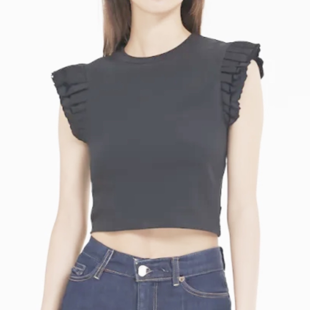 ZARA dark gray ruffle cap sleeve stretch ribbed knit cotton blend tee size small